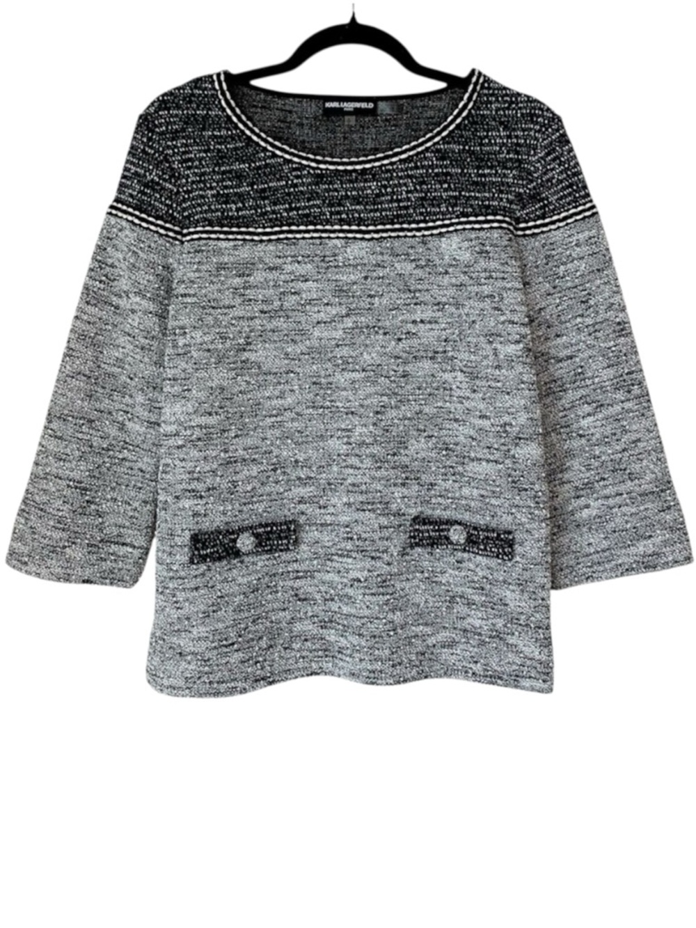 Karl Lagerfeld Tweed Marled Knit Sweater 3/4 Sleeve Gray - Size Small